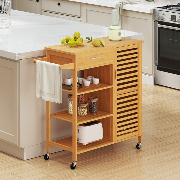 Costway Carrello isola cucina in bambù con cassetto e 3 ripiani aperti, Tavolo cucina mobile per sala da pranzo Naturale