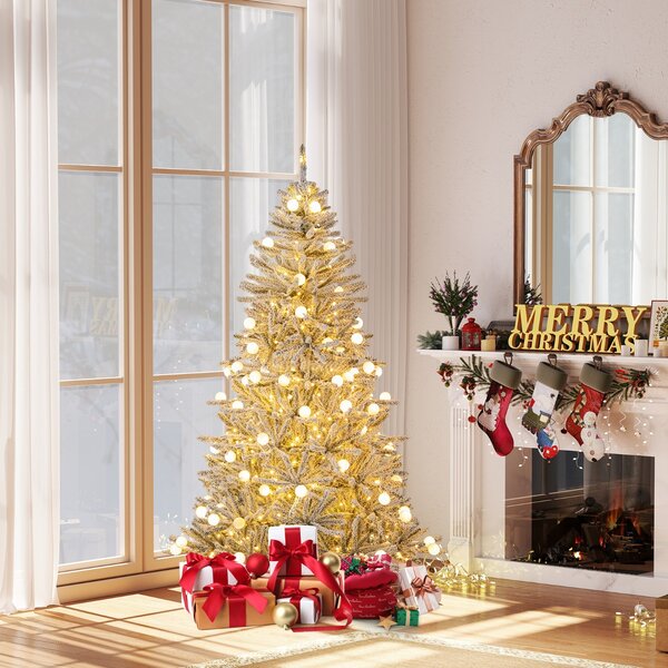 Costway Albero pre-illuminato con 51 sfere luminose 250 luci LED bianche calde, 180 cm albero di natale artificiale innevato Argento