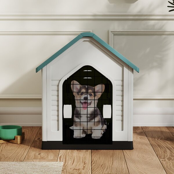 Costway Rifugio per animali domestici da interno ed esterno con porta, Casa per cani in plastica in metallo bloccabile Blu scuro