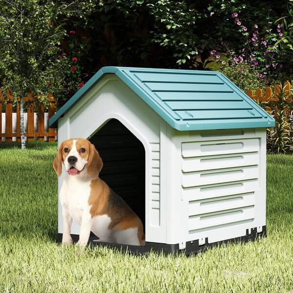 Costway Rifugio per animali domestici da interno ed esterno con porta, Casa per cani in plastica in metallo bloccabile Blu scuro