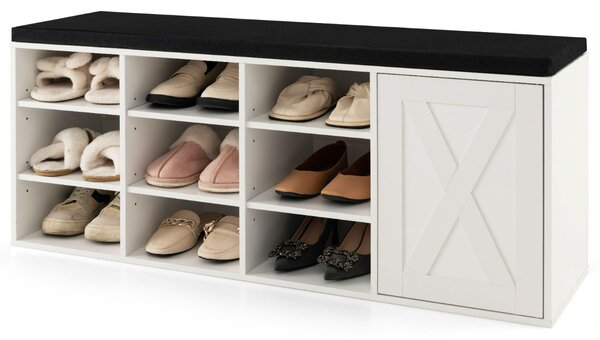 Costway Panchina con ripiano per scarpe con cuscino imbottito e 9 cubi, Scarpiera a 3 livelli con ripiani regolabili Bianco