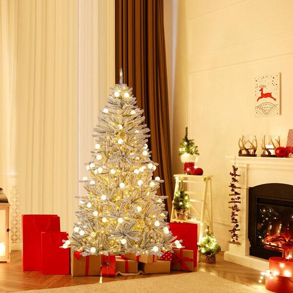 Costway Albero pre-illuminato con 51 sfere luminose 250 luci LED bianche calde, 180 cm albero di natale artificiale innevato Argento