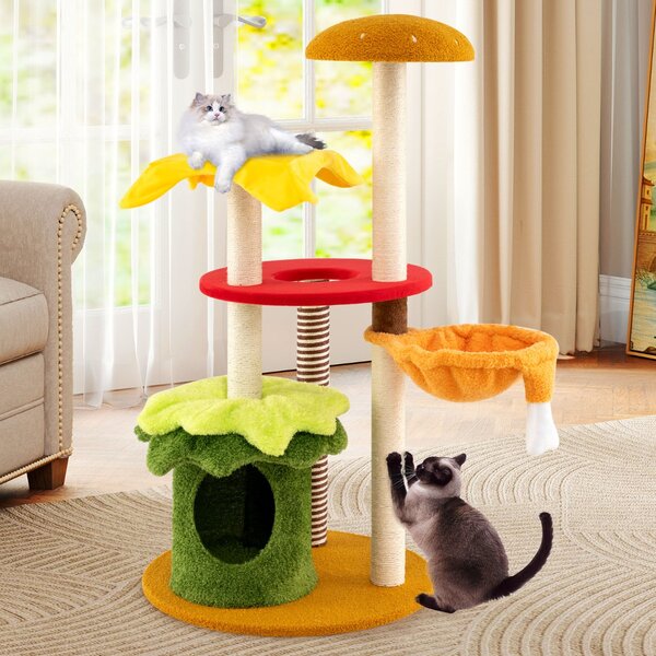 Costway Torre multi-livello per gatti a tema hamburger con letto a cestino sospeso, Albero per gatti 117 cm tiragraffi in sisal Verde