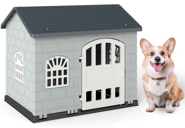 Costway Rifugio per animali domestici da esterno e interno con porta bloccabile, Cuccia per cani in plastica impermeabile Grigio scuro