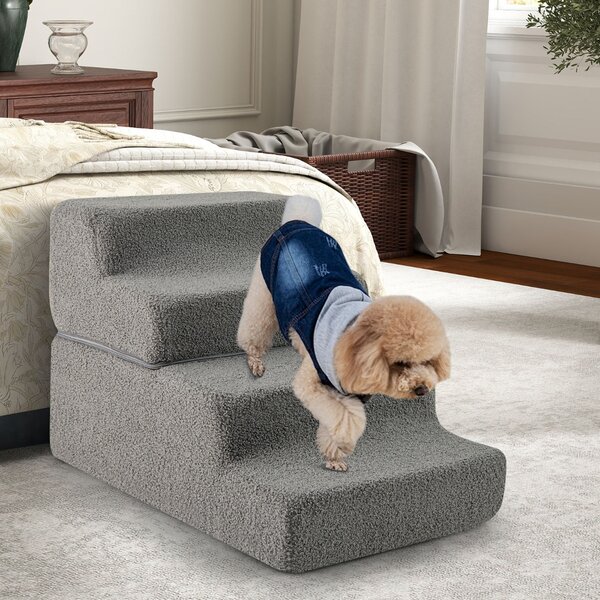 Costway Rampa per cani pieghevole con fondo antiscivolo e copertura rimovibile, Scalette in schiuma a 4 gradini Grigio