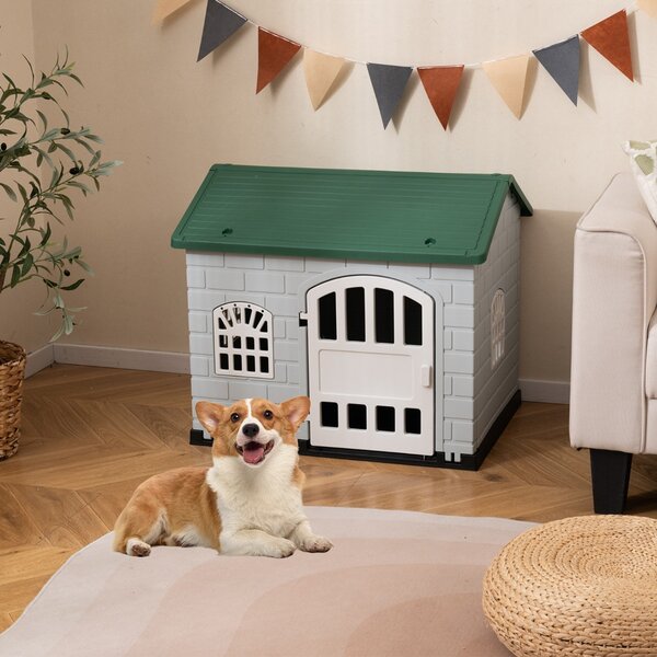 Costway Rifugio per animali domestici da esterno e interno con porta bloccabile, Cuccia per cani in plastica impermeabile Verde scuro