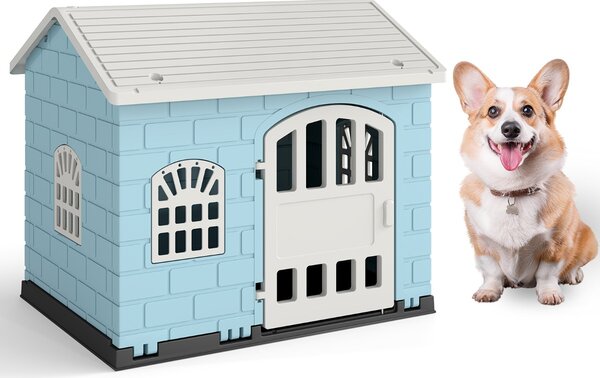Costway Rifugio per animali domestici da esterno e interno con porta bloccabile, Cuccia per cani in plastica impermeabile Blu chiaro