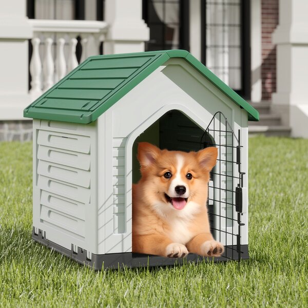 Costway Rifugio per animali domestici da interno ed esterno con porta, Casa per cani in plastica in metallo bloccabile Verde