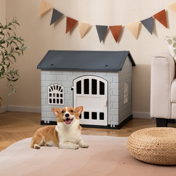 Costway Rifugio per animali domestici da esterno e interno con porta bloccabile, Cuccia per cani in plastica impermeabile Grigio scuro