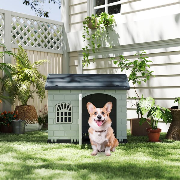 Costway Rifugio per animali domestici da esterno e interno con porta bloccabile, Cuccia per cani in plastica impermeabile Grigio scuro