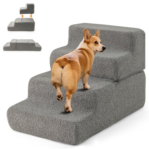 Costway Rampa per cani pieghevole con fondo antiscivolo e copertura rimovibile, Scalette in schiuma a 4 gradini Grigio