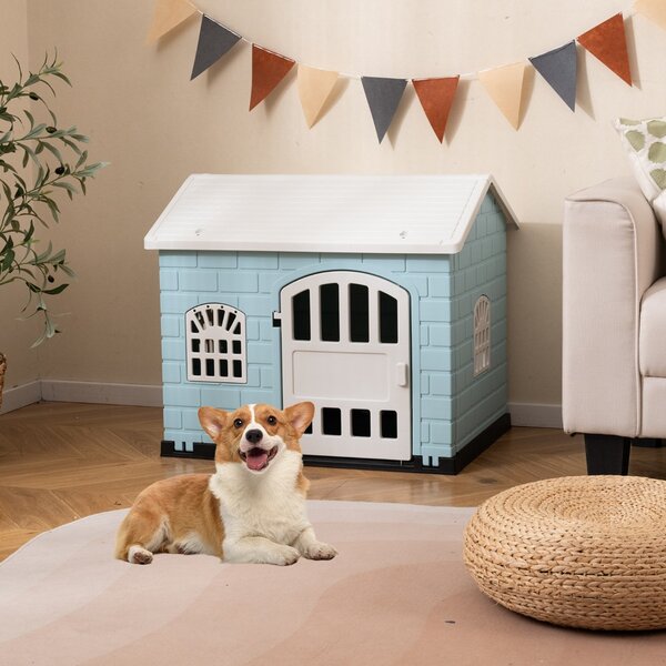 Costway Rifugio per animali domestici da esterno e interno con porta bloccabile, Cuccia per cani in plastica impermeabile Blu chiaro