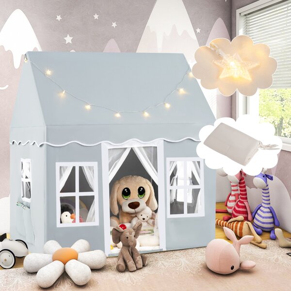 Costway Tenda da gioco per bambini con luci a stella tappetino in velluto lavabile, Casetta per interni ed esterni Grigio