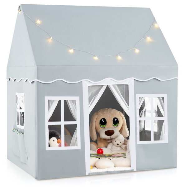 Costway Tenda da gioco per bambini con luci a stella tappetino in velluto lavabile, Casetta per interni ed esterni Grigio