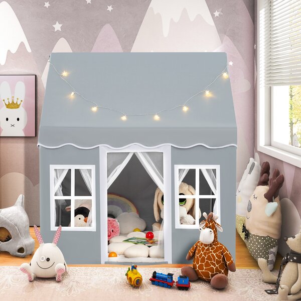 Costway Tenda da gioco per bambini con luci a stella tappetino in velluto lavabile, Casetta per interni ed esterni Grigio