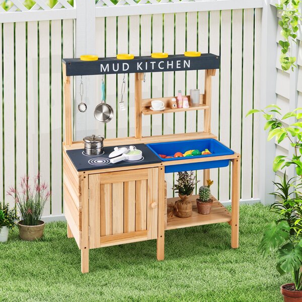 Costway Cucina da esterno per bambini da 3 a 8 anni 2 ripiani di stoccaggio, Cucina giocattolo in legno con lavello removibile Naturale