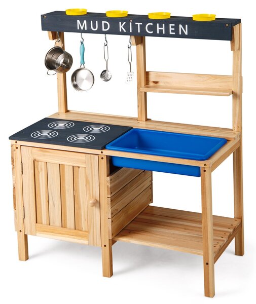 Costway Cucina da esterno per bambini da 3 a 8 anni 2 ripiani di stoccaggio, Cucina giocattolo in legno con lavello removibile Naturale