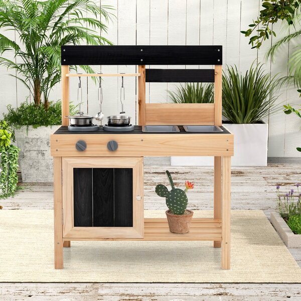 Costway Cucina da esterno per bambini con 2 lavandini removibili, Set da cucina per bambini da cucina con spazio Naturale