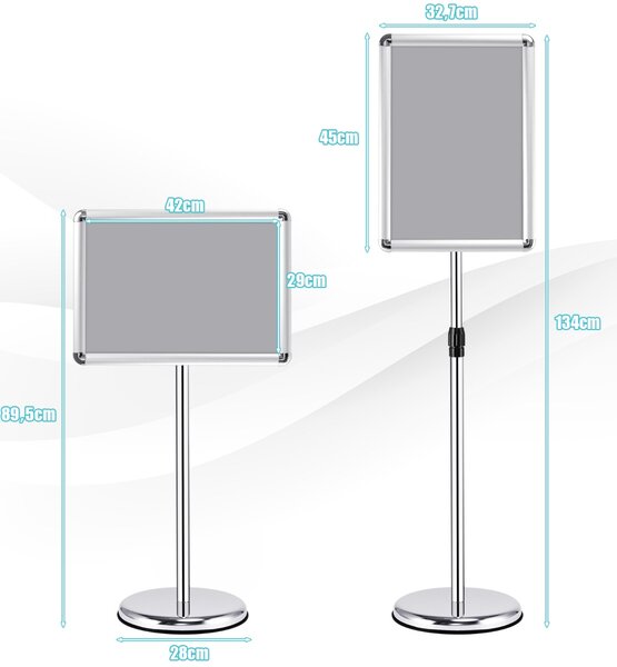 Costway Lavagnetta da pavimento autoportante, Bacheca porta menù in metallo con altezza regolabile 89-135cm Argento