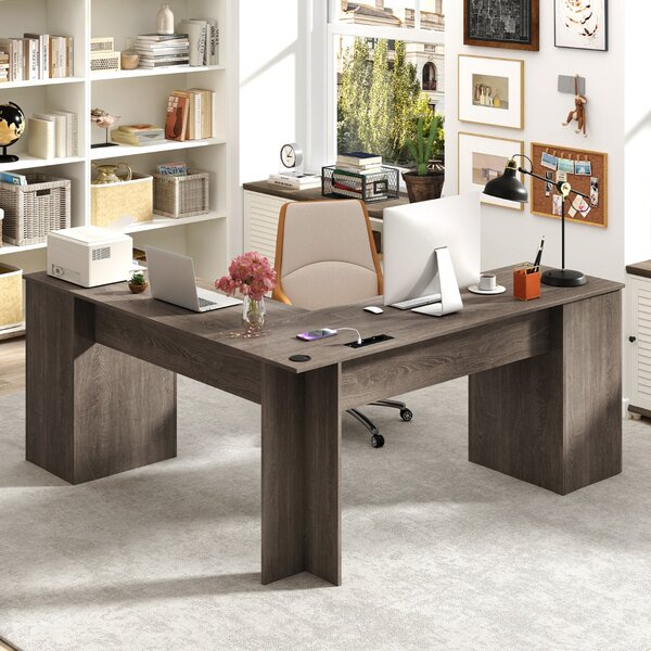 Costway Scrivania a L per gaming lavoro e scrittura 168 x 168 x 76 cm, Scrivania angolare moderna con 2 prese Grigio