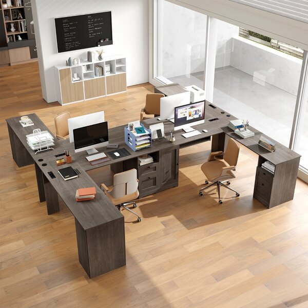 Costway Scrivania a L per gaming lavoro e scrittura 168 x 168 x 76 cm, Scrivania angolare moderna con 2 prese Grigio