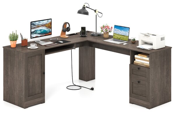 Costway Scrivania a L per gaming lavoro e scrittura 168 x 168 x 76 cm, Scrivania angolare moderna con 2 prese Grigio