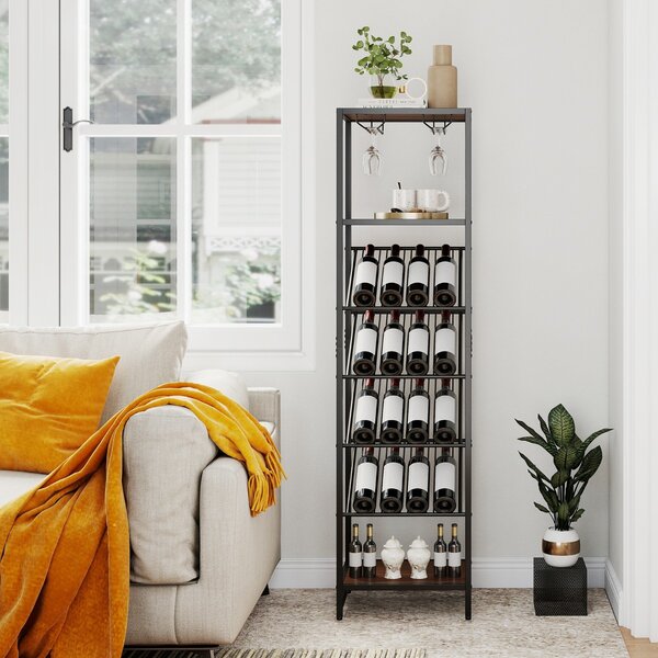 Costway Supporto per liquori con portabicchieri design anti-ribaltamento, Portabottiglie da vino indipendente a 7 livelli Nero
