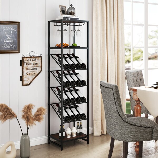 Costway Supporto per liquori con portabicchieri design anti-ribaltamento, Portabottiglie da vino indipendente a 7 livelli Nero