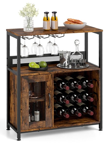Costway Armadietto con portabicchieri scaffale aperto e ripiano rimovibile, Cantinetta porta bottiglie di vino Marrone