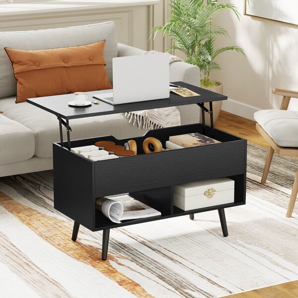Costway Tavolino da caffè moderno con scomparto nascosto e 2 scaffali aperti, Tavolino per soggiorno in legno Nero