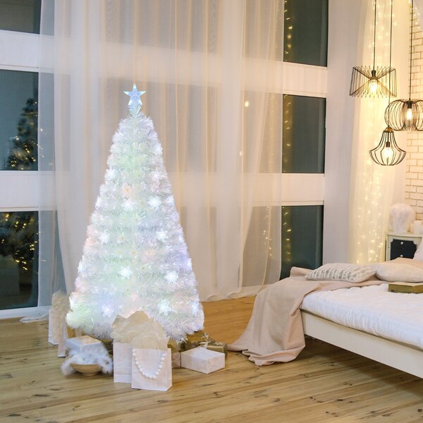 Costway Albero di natale in fibra ottica da 210cm con foglie iridescenti stella in cima e luci LED, Albero decorativo per feste Bianco