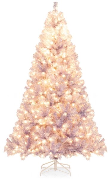 Costway Albero di natale preilluminato alto 225 cm con 1300 rami folti, Albero artificiale di 550 luci LED bianco caldo Viola