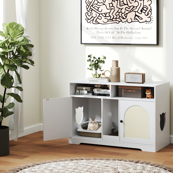 Costway Armadietto moderno per gatti con ripostiglio doppie stanze in legno da interno, Armadietto moderno 2 tappetini in sisal Bianco