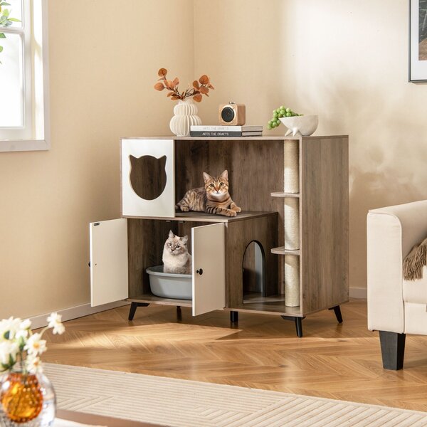 Costway Mobile per lettiera per gatti con 3 pali in sisal per grattare 5 gambe di supporto, Mobile per lettiera 5 in 1 da interno Grigio