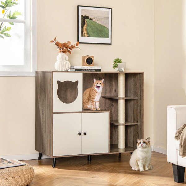 Costway Mobile per lettiera per gatti con 3 pali in sisal per grattare 5 gambe di supporto, Mobile per lettiera 5 in 1 da interno Grigio