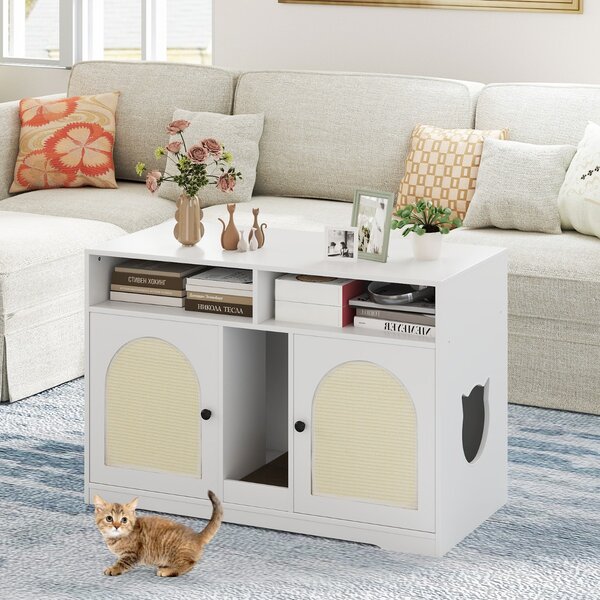 Costway Armadietto moderno per gatti con ripostiglio doppie stanze in legno da interno, Armadietto moderno 2 tappetini in sisal Bianco