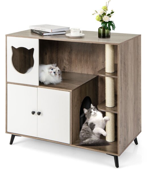 Costway Mobile per lettiera per gatti con 3 pali in sisal per grattare 5 gambe di supporto, Mobile per lettiera 5 in 1 da interno Grigio
