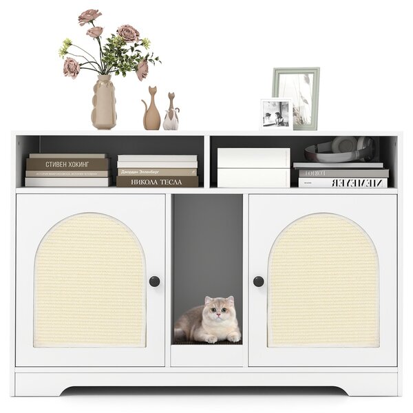 Costway Armadietto moderno per gatti con ripostiglio doppie stanze in legno da interno, Armadietto moderno 2 tappetini in sisal Bianco