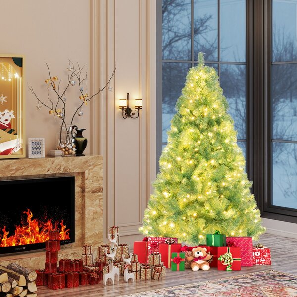 Costway Albero di natale preilluminato alto 180 cm con 688 rami folti, Albero artificiale di 250 luci LED bianco caldo Verde