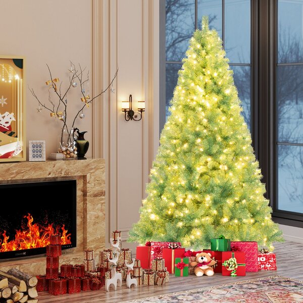 Costway Albero di natale preilluminato alto 225 cm con 1300 rami folti, Albero artificiale di 550 luci LED bianco caldo Verde
