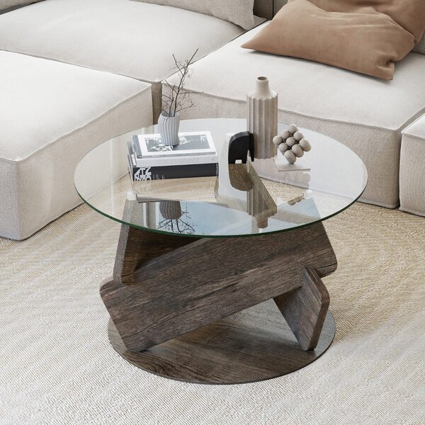 Costway Tavolino rustico con piano in vetro temperato trasparente gambe in legno e dimensioni 81 cm, Tavolino da caffè rotondo Grigio