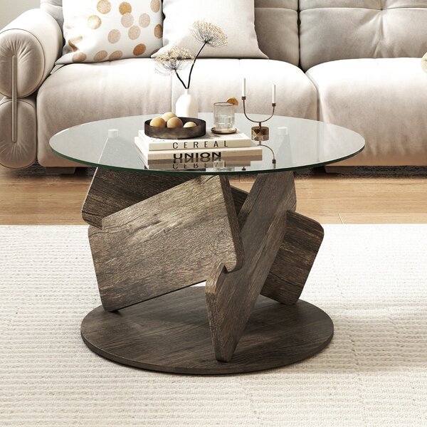 Costway Tavolino rustico con piano in vetro temperato trasparente gambe in legno e dimensioni 81 cm, Tavolino da caffè rotondo Grigio