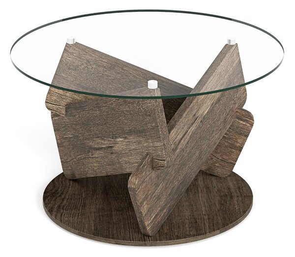 Costway Tavolino rustico con piano in vetro temperato trasparente gambe in legno e dimensioni 81 cm, Tavolino da caffè rotondo Grigio