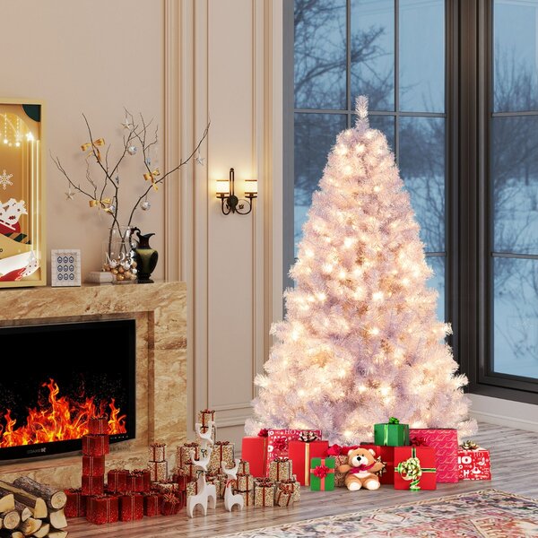 Costway Albero di natale preilluminato alto 180 cm con 688 rami folti, Albero artificiale di 250 luci LED bianco caldo Viola