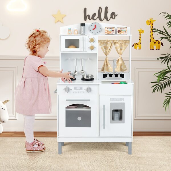 Costway Set cucina finto in legno regolabile in altezza, Cucina giocattolo con tende per 3+ anni Bianco