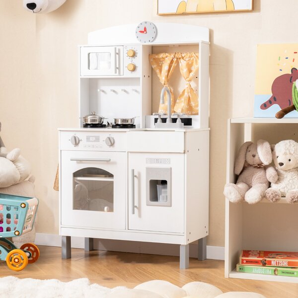 Costway Set cucina finto in legno regolabile in altezza, Cucina giocattolo con tende per 3+ anni Bianco