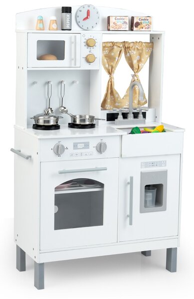 Costway Set cucina finto in legno regolabile in altezza, Cucina giocattolo con tende per 3+ anni Bianco