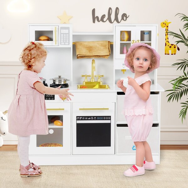 Costway Cucinetta in legno con fornelli con suoni e luci e macchina da caffè, Gioco cucina di ruolo per bambini 3+ anni Bianco