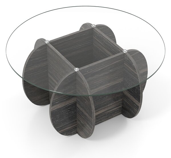 Costway Tavolino da caffè rotondo con piano in vetro temperato e base in legno massello, Tavolino moderno con scomparto portaoggetti Marrone