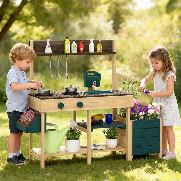 Costway Cucina da esterno in legno per bambini 3-8 anni con accessori realistici, Cucina da gioco con cassettiera per piante Verde scuro